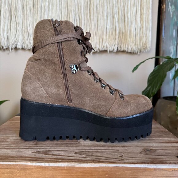 Jeffrey Campbell Tan Genuine Suede Leather Hiking Lug Sole Platform Wedge Boots - Picture 6 of 14